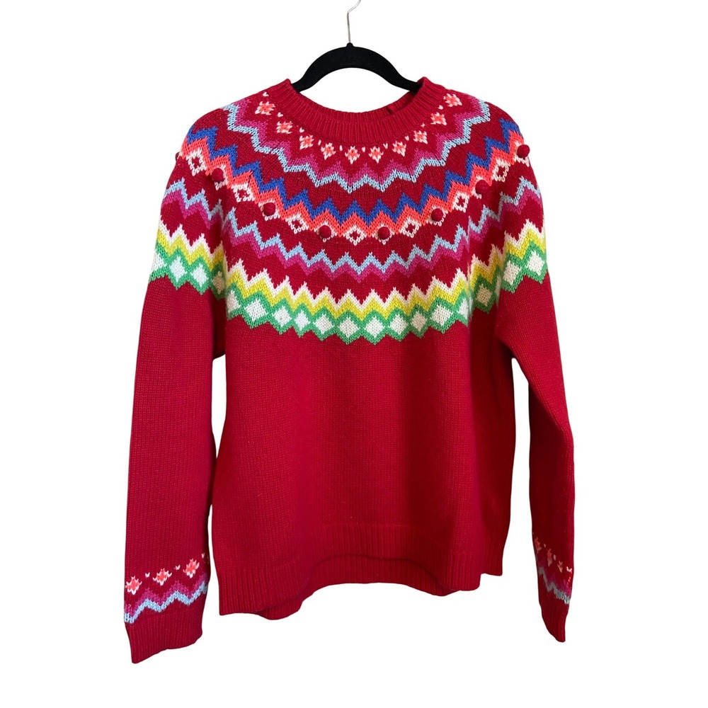 Boden Red Fair Isle Pom Pom Wool Alpaca Blend Sweater Womens US 12